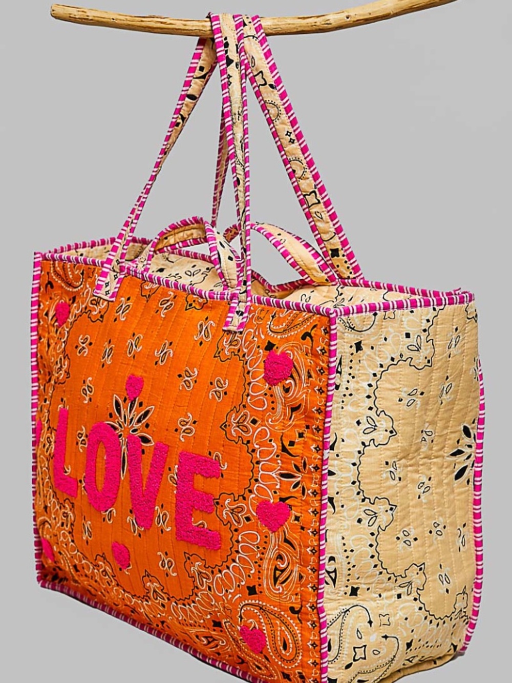 POL Color block Paisley LOVE Heart Graphic Quilted Large Tote Shoulder bag - Picture 7 of 10
